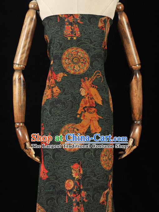 Chinese Classical Beijing Opera Pattern Gambiered Guangdong Gauze Cloth Material Traditional Cheongsam Atrovirens Silk Fabric