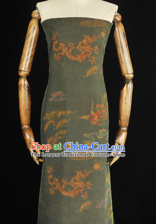 Top Dark Green Gambiered Guangdong Gauze Fabric Chinese Cheongsam Traditional Cloud Dragon Pattern Silk Drapery