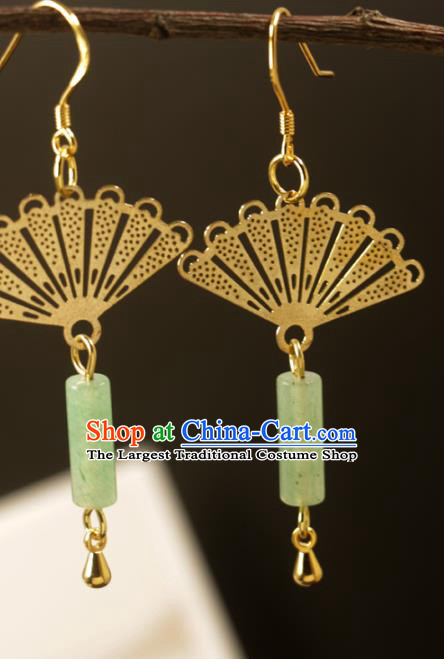 Handmade Chinese National Jade Tassel Earrings Traditional Cheongsam Classical Golden Fan Ear Accessories