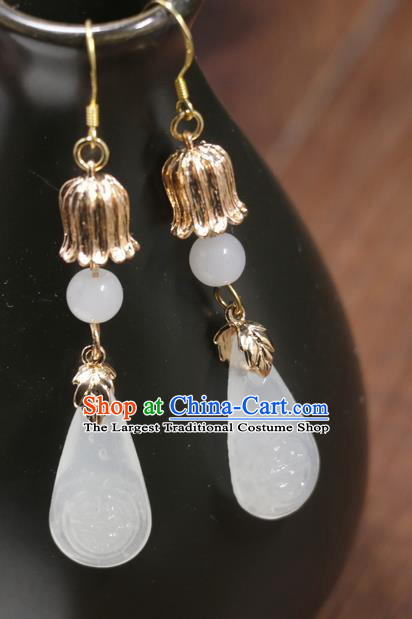 Handmade Traditional White Glass Ear Accessories Chinese Hanfu Jewelry National Golden Convallaria Earrings