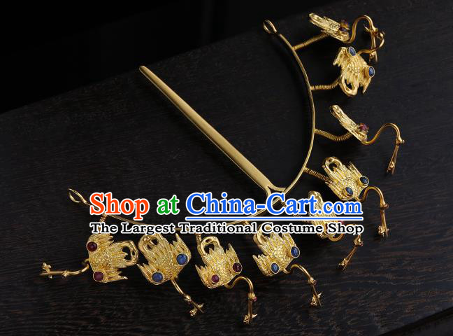 China Handmade Golden Nine Phoenix Hair Accessories Ancient Empress Hair Crown Ming Dynasty Palace Gems Hairpin for Women