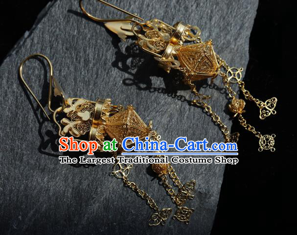 Handmade Chinese Traditional Ming Dynasty Tassel Ear Accessories Jewelry Ancient Court Empress Golden Earrings