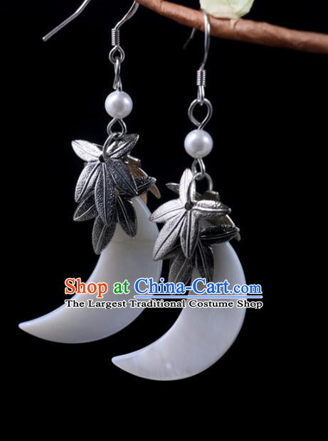 Handmade Traditional Shell Moon Ear Accessories Chinese National Silver Maple Leaf Earrings