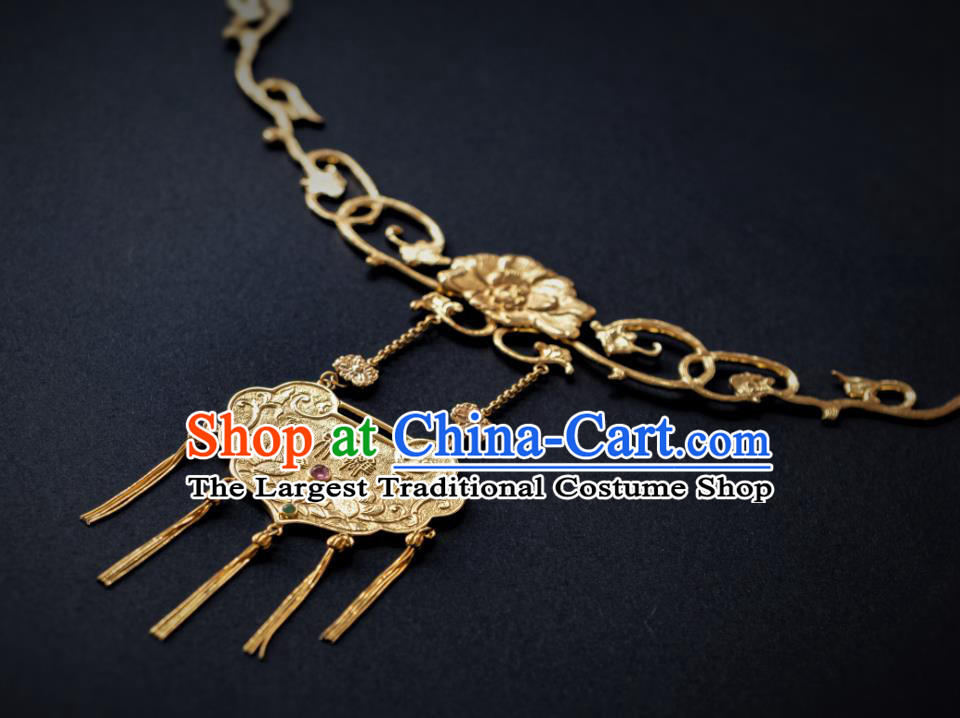 Chinese Traditional Ming Dynasty Gilding Longevity Lock Tassel Necklace Jewelry Ancient Noble Lady Gems Accessories