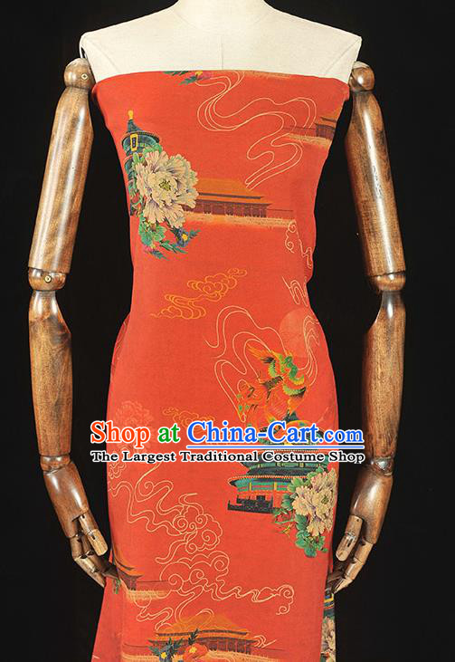 Top Grade Silk Fabric Chinese Cheongsam Red Gambiered Guangdong Gauze Traditional Heaven Temple Pattern Silk Drapery