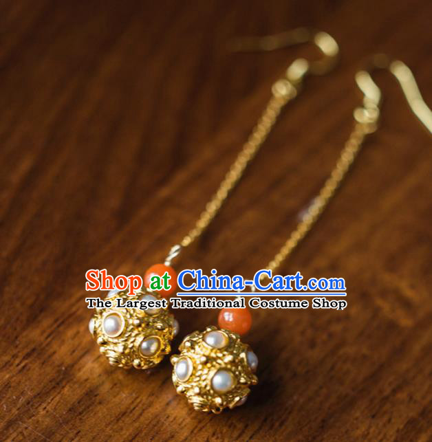 China Traditional Sui Dynasty Princess Li Jingxun Earrings Ancient Court Pearls Ear Jewelry Gilding Accessories