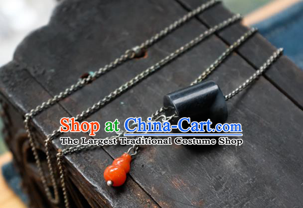 Handmade China Traditional Black Jade Necklace Pendant National Women Silver Jewelry Red Agate Gourd Accessories