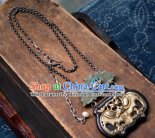 Handmade China Golden Bat Accessories Traditional Silver Carving Necklace Pendant National Women Jade Lotus Jewelry