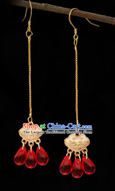 Handmade Chinese National Long Ear Accessories Traditional Golden Longevity Lock Earrings