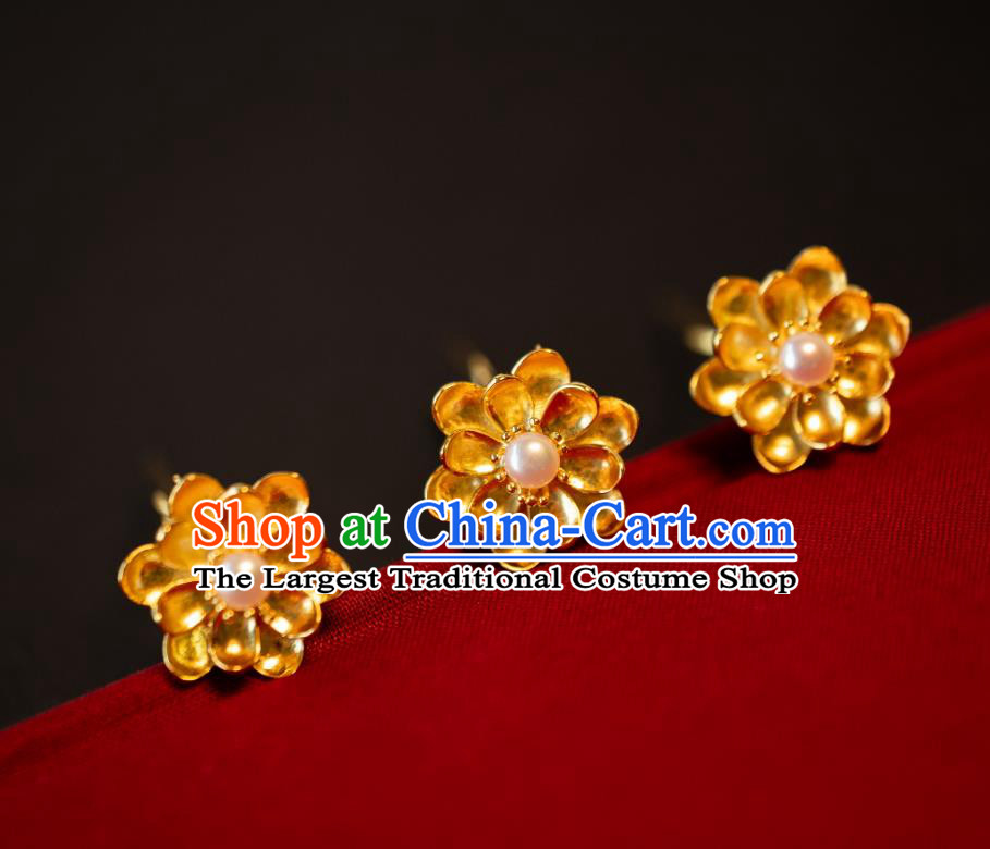 China Tang Dynasty Hanfu Little Hair Clips Ancient Princess Pearl Hairpin Traditional Gilding Lotus Hair Accessories