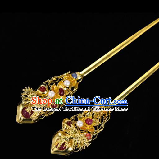 China Traditional Gems Hair Accessories Handmade Ming Dynasty Hanfu Hair Stick Ancient Empress Golden Plum Hairpin for Women