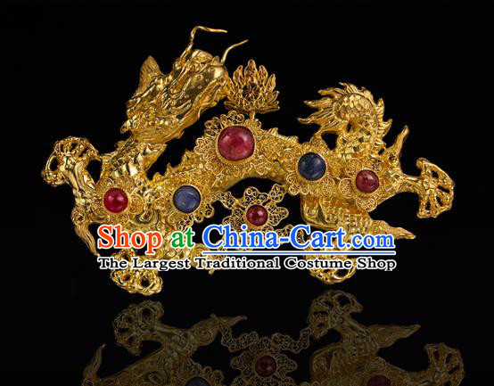 China Traditional Handmade Filigree Hair Accessories Ming Dynasty Golden Dragon Hair Crown Ancient Queen Gems Hairpin for Women