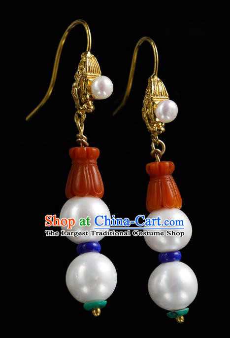 Handmade Chinese Traditional Qing Dynasty Pearls Ear Accessories Jewelry Ancient Court Woman Gourd Earrings