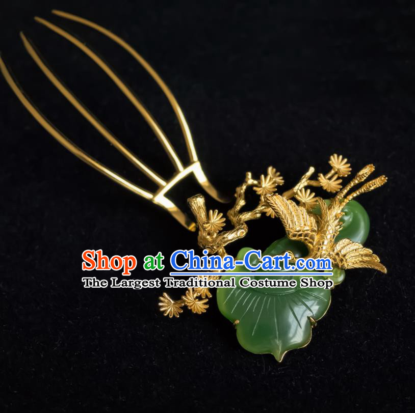 China Ming Dynasty Jade Hairpin Traditional Hanfu Hair Accessories Ancient Noble Woman Pine Crane Hair Comb