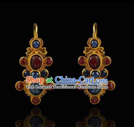 Handmade Chinese Traditional Ming Dynasty Golden Ear Accessories Ancient Court Woman Gems Earrings Jewelry