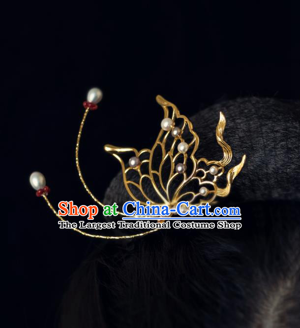 China Ming Dynasty Pearls Butterfly Hairpin Traditional Hanfu Hair Accessories Ancient Noble Lady Xue Baochai Hair Stick