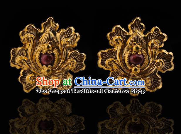 China Traditional Ming Dynasty Gems Hairpin Handmade Hair Accessories Ancient Queen Golden Lotus Hair Sticks