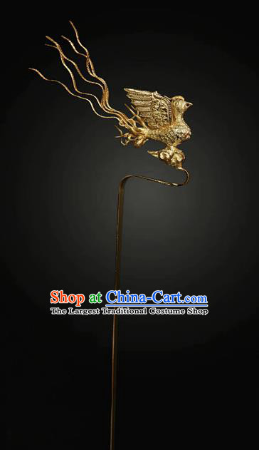 China Ancient Imperial Empress Hanfu Hairpin Handmade Hair Accessories Traditional Ming Dynasty Court Golden Phoenix Hair Stick