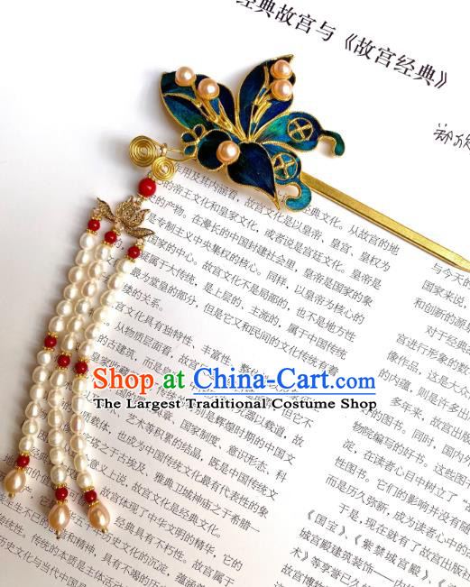 China Ancient Palace Lady Pearls Tassel Hairpin Handmade Hair Accessories Traditional Ming Dynasty Court Hair Stick