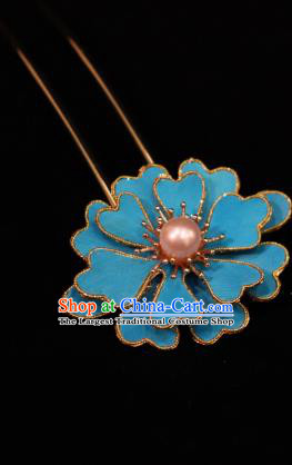 China Ancient Princess Pearl Hairpin Handmade Hair Accessories Traditional Ming Dynasty Imperial Consort Blue Peony Hair Stick