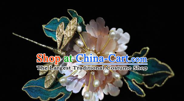 China Ancient Empress Pink Shell Peony Dragonfly Hairpin Handmade Hair Accessories Traditional Ming Dynasty Hair Stick