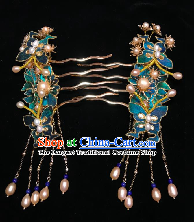 China Ancient Empress Blue Butterfly Hairpin Handmade Hair Accessories Traditional Ming Dynasty Pearls Tassel Hair Combs