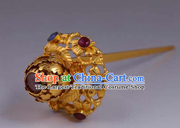 China Traditional Ming Dynasty Queen Gems Hairpin Handmade Hair Accessories Ancient Empress Gilding Peony Hair Stick