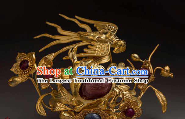 China Traditional Ming Dynasty Golden Flower Bird Hairpin Handmade Hair Accessories Ancient Queen Filigree Hair Crown