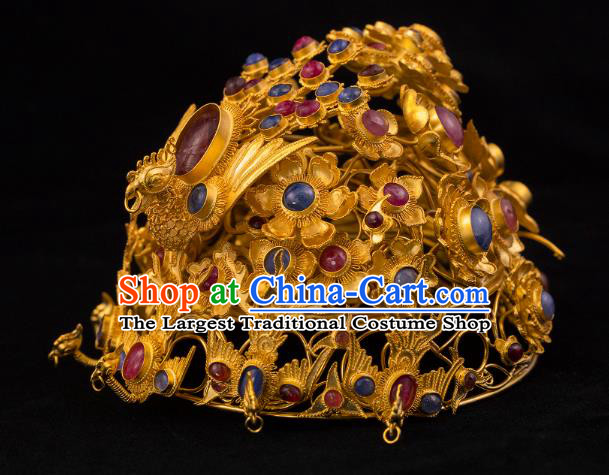 China Traditional Ming Dynasty Golden Phoenix Coronet Handmade Hair Accessories Ancient Empress Gems Hair Crown