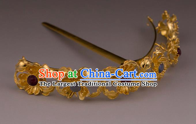 China Ancient Queen Gems Hairpin Handmade Hair Accessories Traditional Ming Dynasty Court Golden Flowers Hair Stick