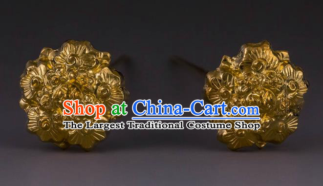 China Ancient Queen Golden Flower Hairpin Handmade Hair Accessories Traditional Ming Dynasty Court Hair Stick