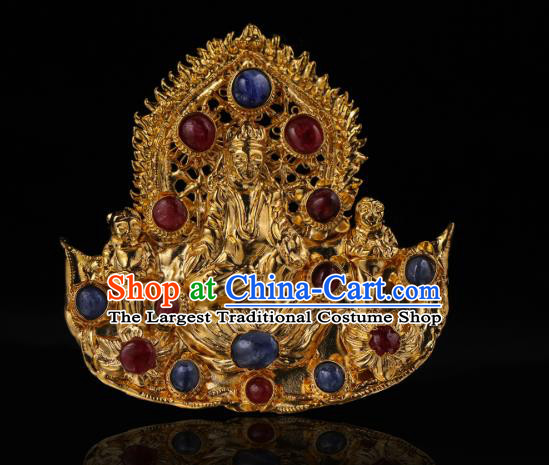 China Ancient Empress Gems Headwear Hairpin Handmade Hair Accessories Traditional Ming Dynasty Golden Buddha Hair Crown