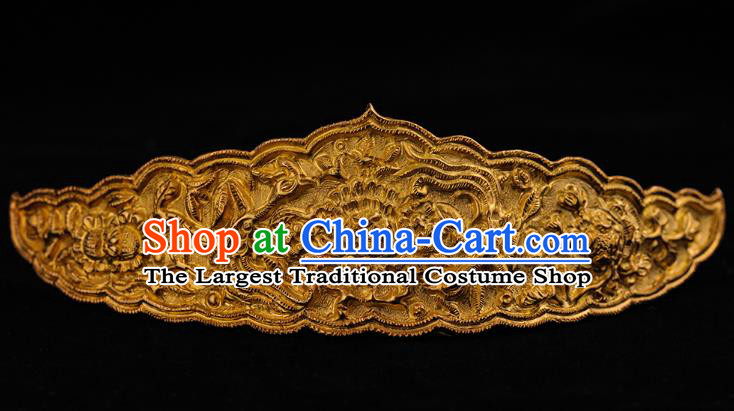 China Ancient Imperial Consort Golden Hair Crown Handmade Hair Accessories Traditional Tang Dynasty Carving Peony Hairpin