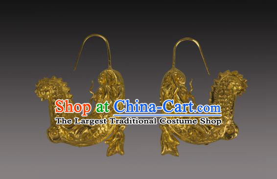 Handmade Chinese Tang Dynasty Court Ear Accessories Traditional Ancient Palace Lady Golden Capricorn Earrings Jewelry