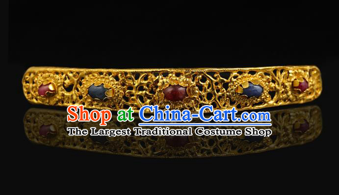 China Ancient Empress Golden Hair Stick Handmade Hair Accessories Traditional Ming Dynasty Gemmed Hairpin