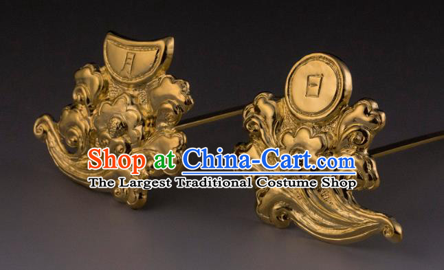 China Ancient Imperial Empress Golden Hairpins Handmade Hair Accessories Traditional Ming Dynasty Court Hair Sticks