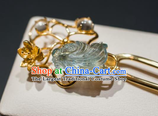 China Traditional Aquamarine Fish Hair Accessories Ancient Ming Dynasty Golden Lotus Hairpin