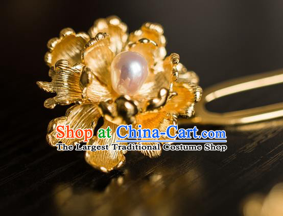 China Ancient Empress Golden Peony Hairpin Traditional Tang Dynasty Hair Accessories Pearl Hair Stick