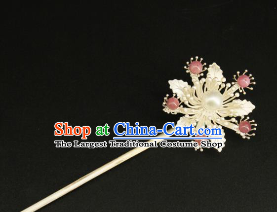 China Ancient Princess Hair Stick Handmade Hair Accessories Traditional Ming Dynasty Argent Flower Hairpin