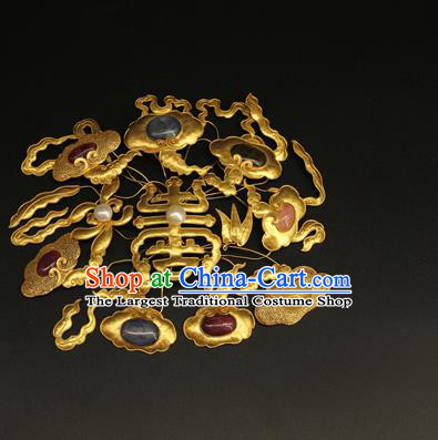 China Ancient Imperial Consort Gems Hair Crown Handmade Hair Accessories Traditional Qing Dynasty Court Golden Hairpin