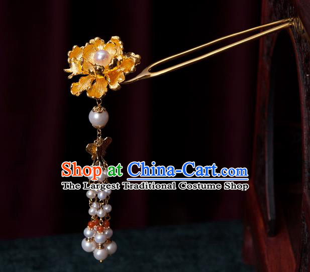 China Traditional Tang Dynasty Pearl Tassel Hair Stick Ancient Empress Golden Peony Hairpin Hair Accessories