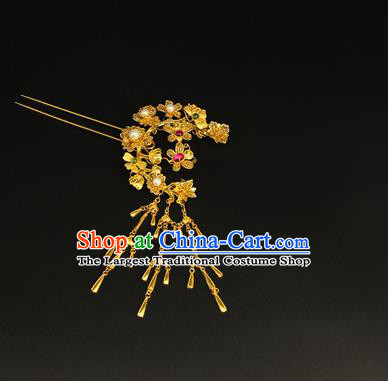 China Traditional Court Golden Flowers Hair Stick Handmade Hair Accessories Ancient Ming Dynasty Tassel Hairpin