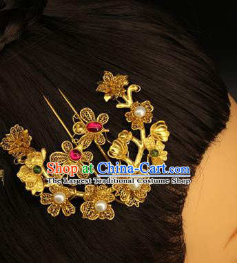 China Traditional Court Pearls Hair Stick Handmade Hair Accessories Ancient Ming Dynasty Golden Flowers Hairpin