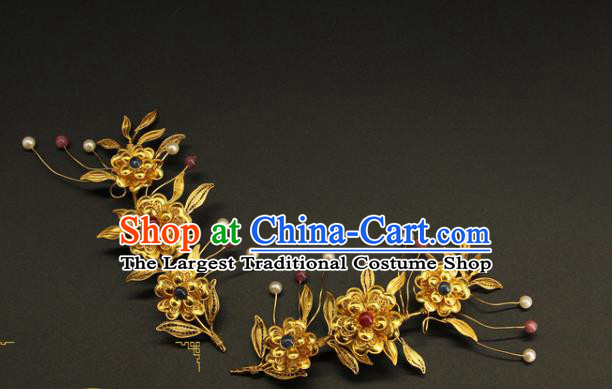 China Traditional Court Golden Hair Sticks Handmade Hair Accessories Ancient Ming Dynasty Gems Hairpin