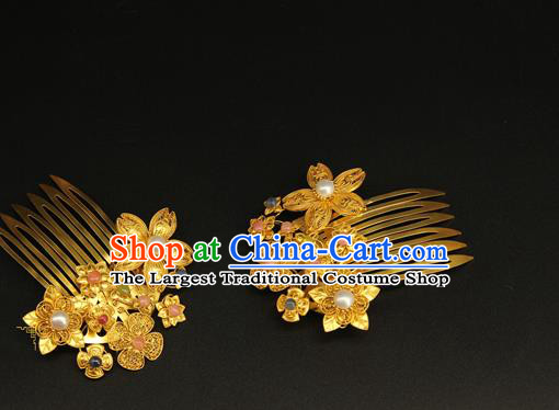 China Ancient Ming Dynasty Golden Hairpin Handmade Hair Accessories Traditional Hanfu Pearl Hair Combs