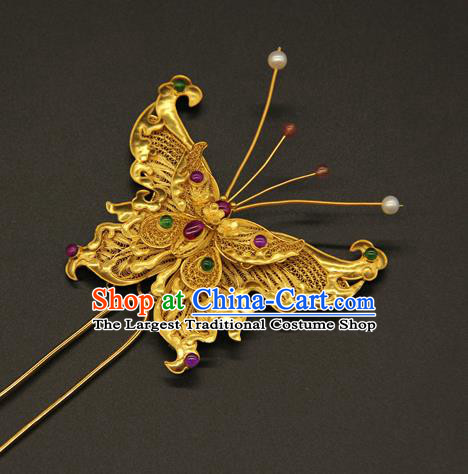 China Ancient Empress Butterfly Hairpin Traditional Ming Dynasty Gems Hair Accessories Handmade Palace Golden Hair Clip