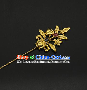 China Traditional Handmade Gems Hairpin Ancient Court Hair Accessories Ming Dynasty Golden Hair Stick