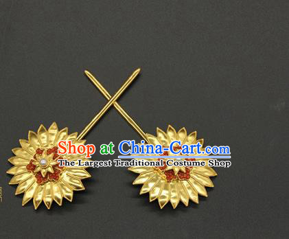 China Tang Dynasty Hair Stick Ancient Court Hair Accessories Traditional Handmade Golden Chrysanthemum Hairpin