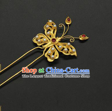 China Ming Dynasty Pearls Hair Stick Ancient Court Hair Accessories Traditional Handmade Golden Butterfly Hairpin