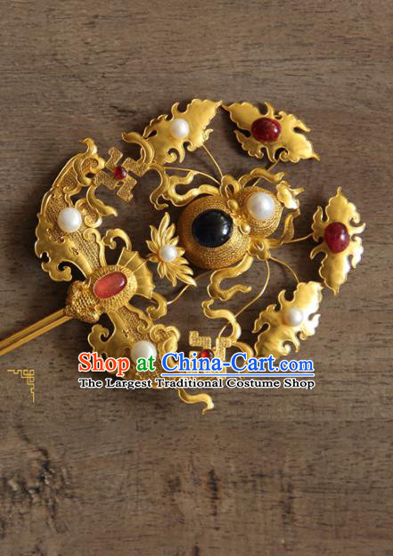 China Ancient Palace Empress Pearls Hairpin Traditional Ming Dynasty Gems Hair Accessories Handmade Golden Gourd Hair Stick